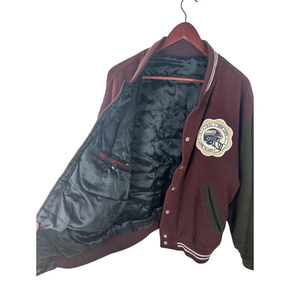 Vintage Style Wool Varsity Jacket New York Giants Patch Burgundy Snap Bomber - Picture 8 of 12